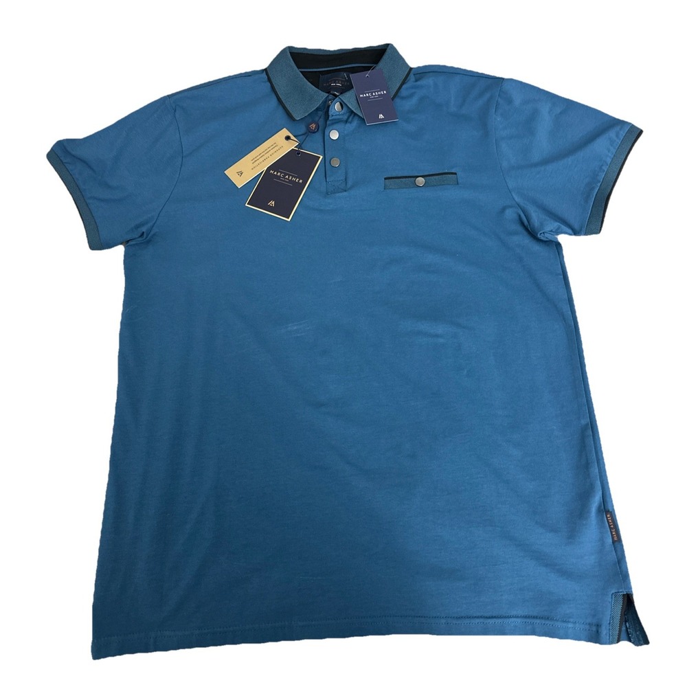 Marc Asher New York Shirt Men's L‎ Blue Black Polo Snaps Short Sleeve Golf New